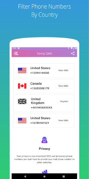 Temp SMS - Temporary Numbers Screenshot 2