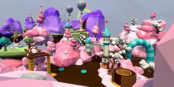 Una foto de Wonkaesque Candyland con ríos de chocolate y algodón de azúcar colinas