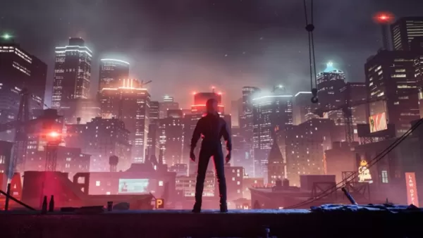 The image shows Vampire: The Masquerade - Bloodlines 2 protagonist Phyre standing before the Seattle metropolitan area on top of a rooftop