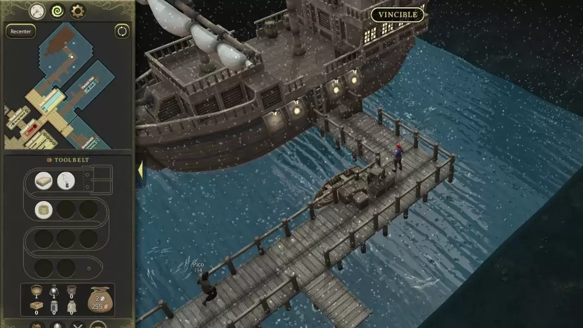 Screenshot showing the location of Captain Shirker's ship, The Vincible