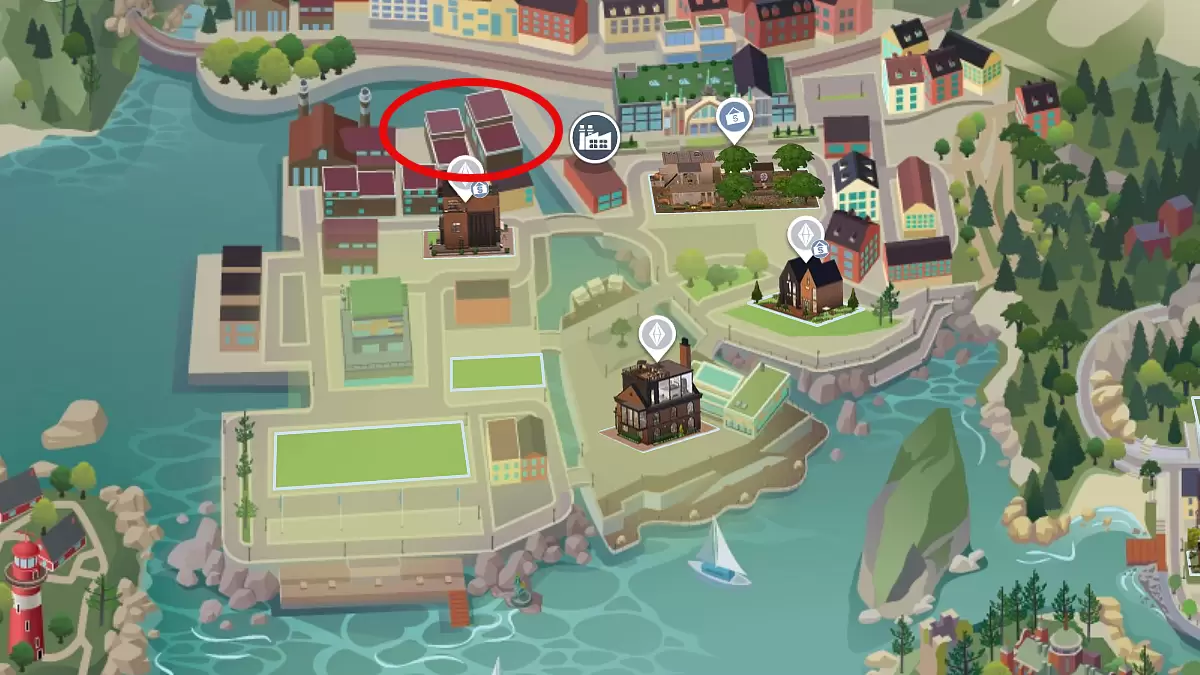 Sims 4 Nordhaven map with a red circle around the red houses.