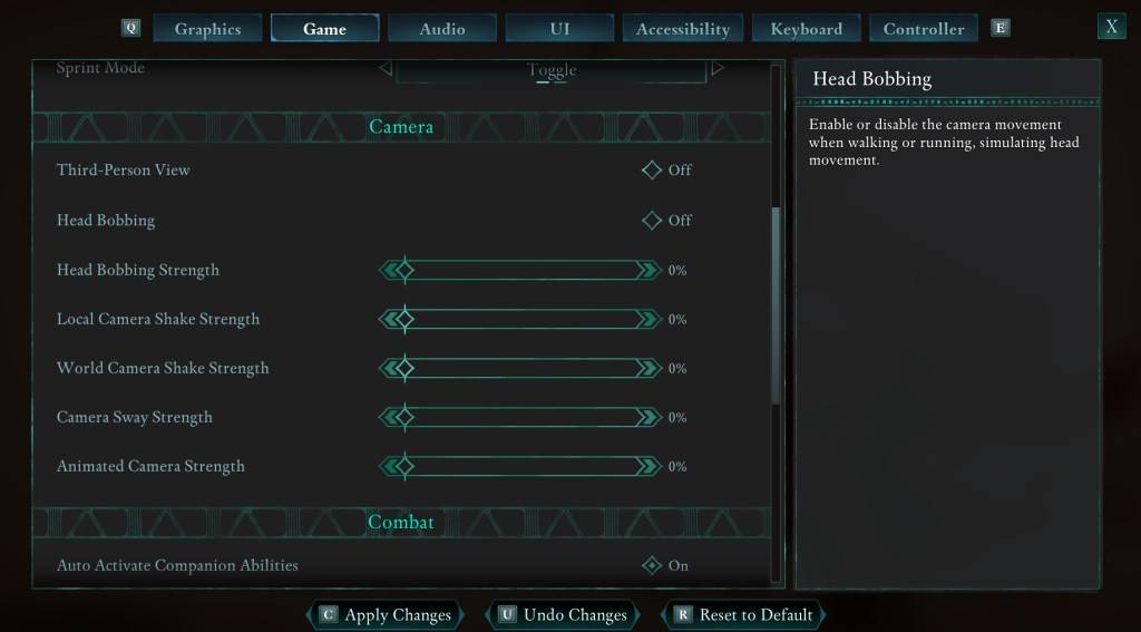 Avowed Settings Menu: Head Movement Options