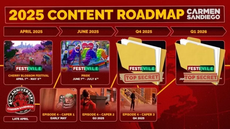 ภาพแผนงานของ Carmen Sandiego พร้อมกรณีต่าง ๆ ที่จะมาถึงเร็ว ๆ นี้
