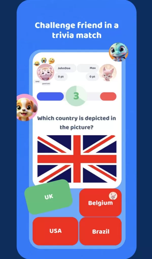 Une capture d'écran d'un jeu de quiz avec plusieurs réponses pour déterminer à quel pays le drapeau de l'Union Jack est.