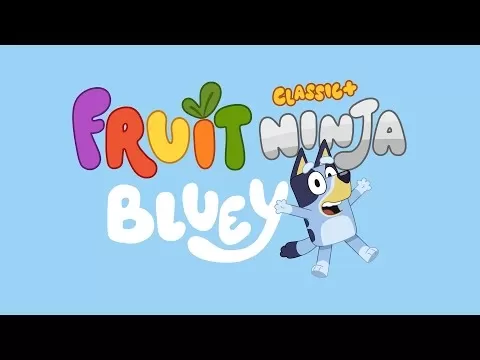 Bluey characters slicing fruits in Fruit Ninja gameplay