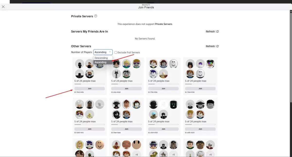 Меню выбора сервера Roblox Blockspin