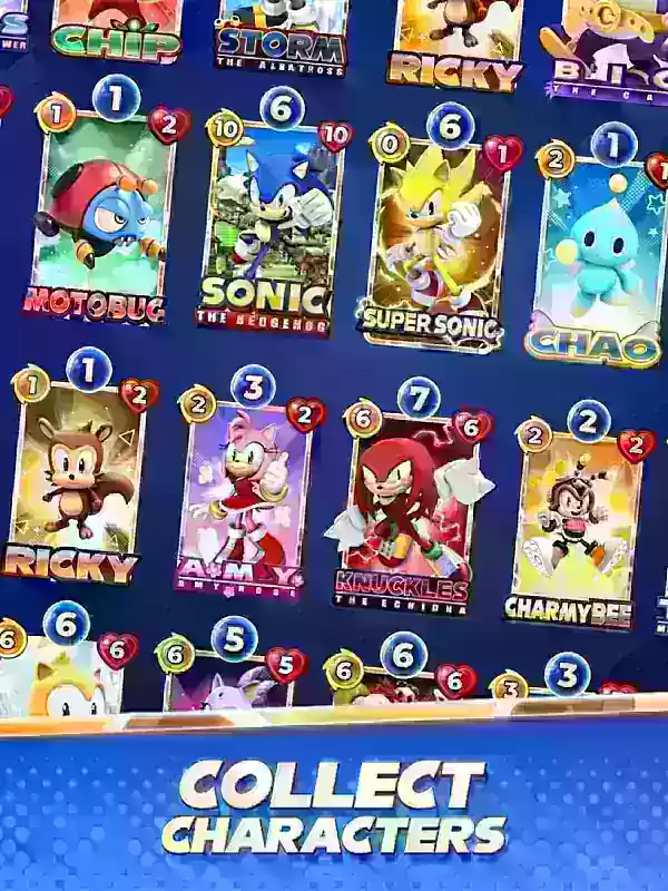 A selection of cards from Sonic Blitz on a large screenshot, showing characters like Sonic and Amy